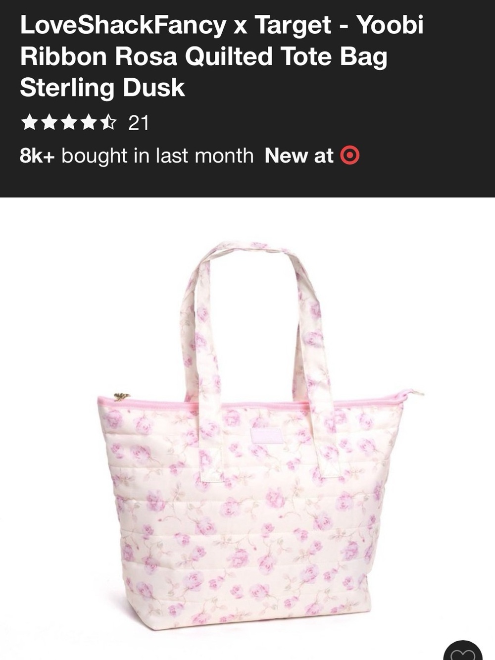LoveShackFancy x Target Quilted Floral Tote Ribbon Rosa Sterling Dusk Pink
